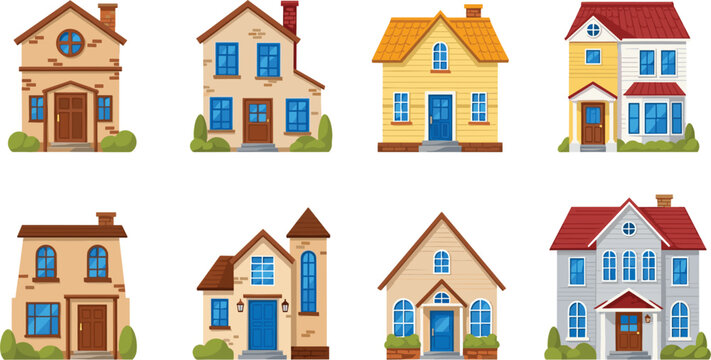 Residential House and Cottage Illustration Set Featuring Various Architectural Styles for Real Estate Listings, Neighborhood Maps, Home Insurance Promotion, and Property Development Marketing