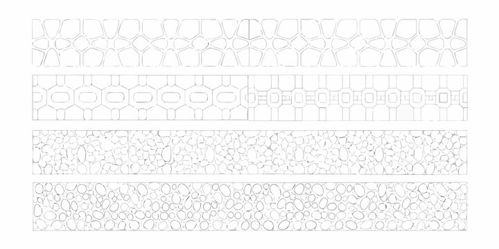 Architectural section views four vertical cross sections of stone wall patterns on white background