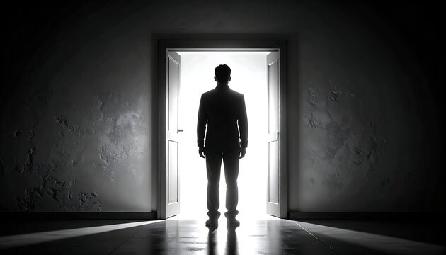 A man stands at the threshold of a brightly lit doorway