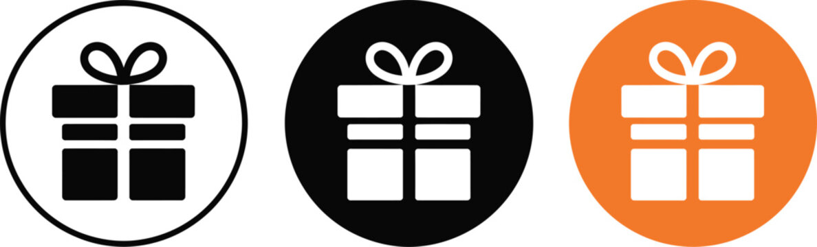 Gift box icons set, three stylish present boxes with different background colors and designs for celebration surprise and holiday gifting concepts.
