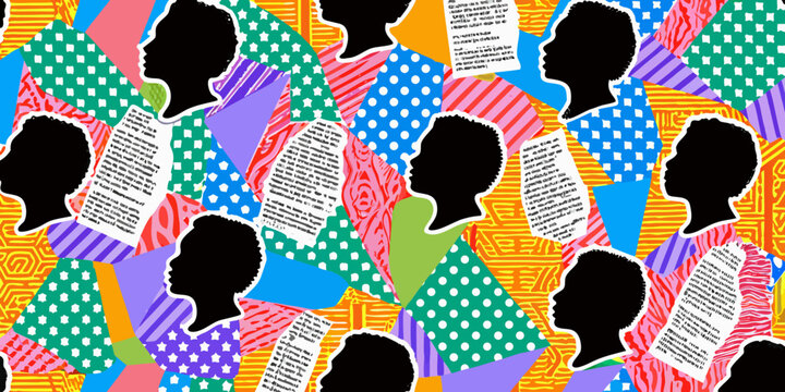 Black silhouette profiles of heads against a colorful patterned background high quality professional detailed modern