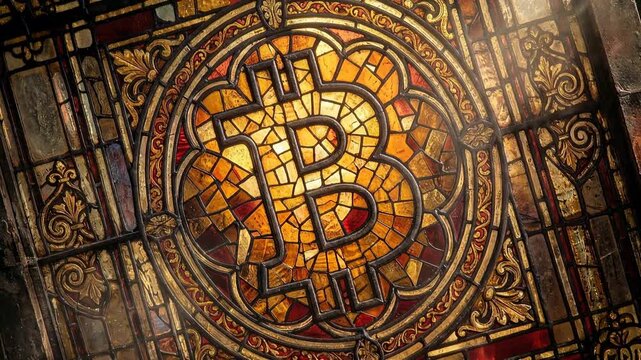 Intricate Bitcoin Symbol Stained Glass Window Illuminated by Sunlight
