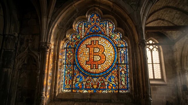 Bitcoin symbol on a stained glass window in a gothic cathedral with sunbeams