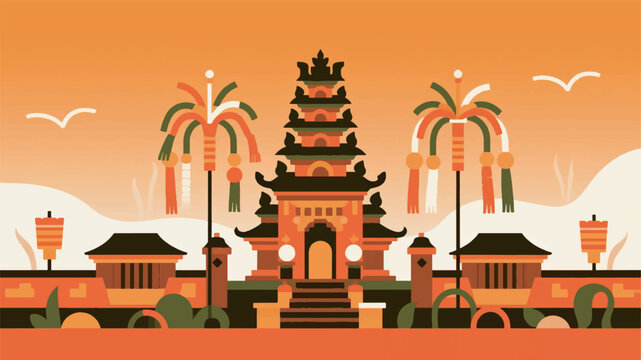 Illustration Of Balinese Temple With Penjor Decoration Vector Design Template
