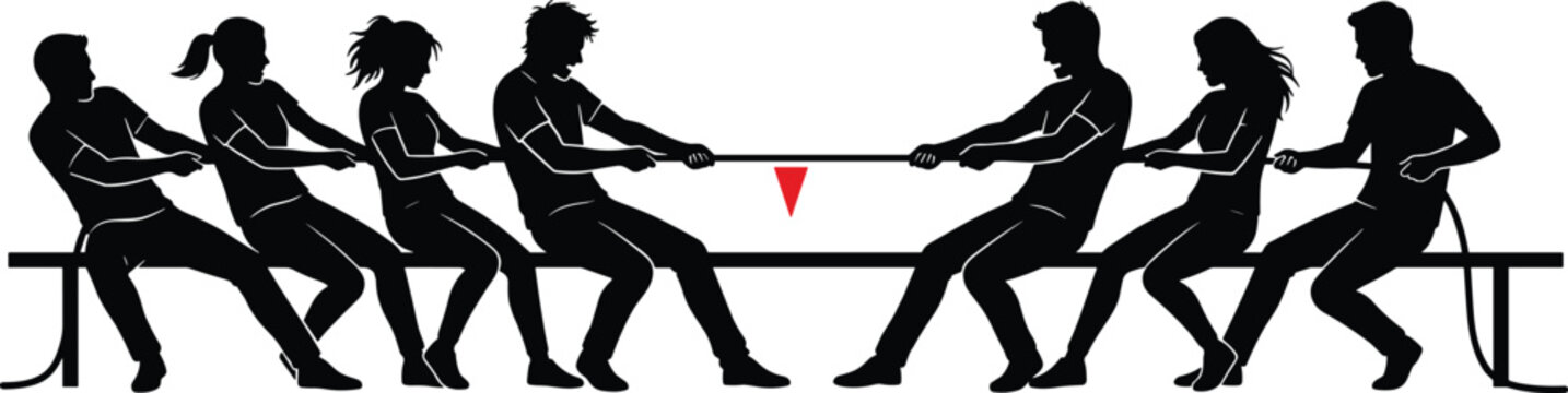 Silhouette vector illustration of a diverse team of people playing tug of war game for competition and teamwork concept