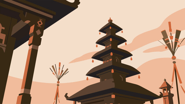 Cultural Illustration, Balinese Temple With Penjor Decoration Vector Design Template