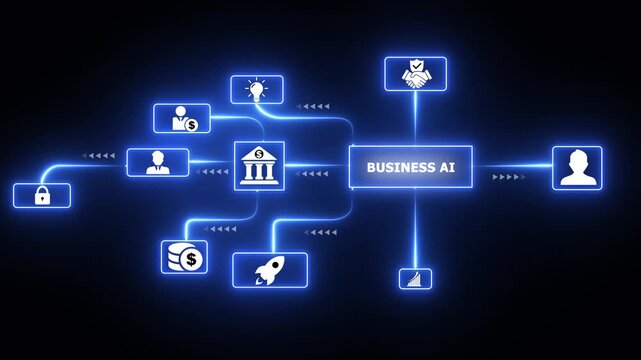 Business AI network diagram animation featuring glowing digital icons for corporate connectivity, artificial intelligence growth, and modern technology ecosystem concepts.