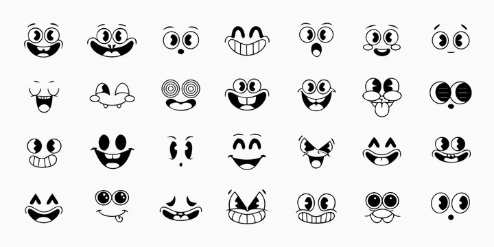 Collection of black and white cartoon face expressions vintage animation style on a white background