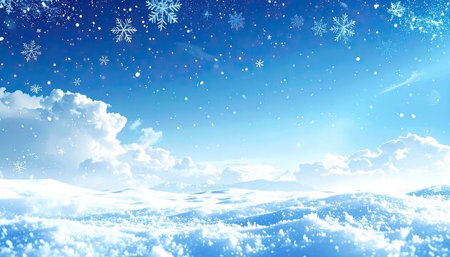 A serene winter wonderland captured under a bright blue sky, with pristine snowfields and delicate snowflakes gently falling.