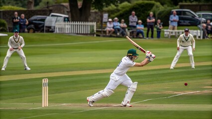 Cricket Match Action with Batsman Playing a Shot on Green Field