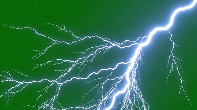 Electric lightning bolt, glowing white branches, stormy weather effect, green background ai 4k Video