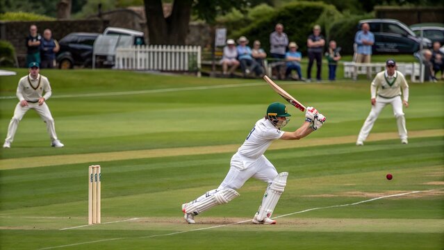 Cricket Match Action with Batsman Playing a Shot on Green Field