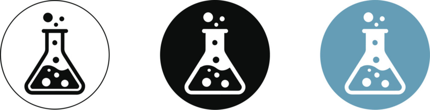 Flask icons set, three stylized laboratory flasks with varying color and background schemes for science chemistry research and medical experiment design.