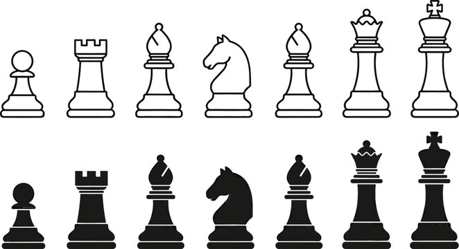 Chess Piece Illustration Collection Featuring Classic Strategy Game Icons in Outline and Silhouette Design Styles
