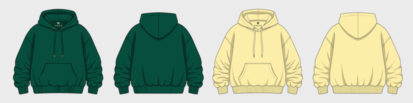 Green pale yellow boxy hoodie front back mockup. Relaxed template sweatshirt casual clothes with hood cotton vector textile unisex set for lounge wear.