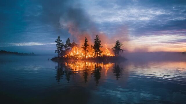 Dramatic island forest fire reflected on calm lake at dusk. Intense flames engulf trees on a small island