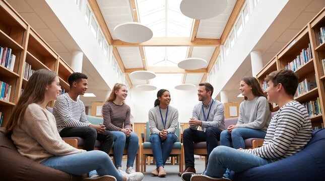 Diverse high school students having group discussion with male teacher in library. Youth counseling, student support and collaborative education for academic success.