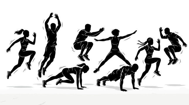 Silhouettes of people exercising and jumping.