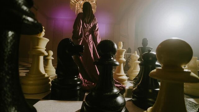 Dramatic scene with oversized chess pieces and a woman in a flowing robe