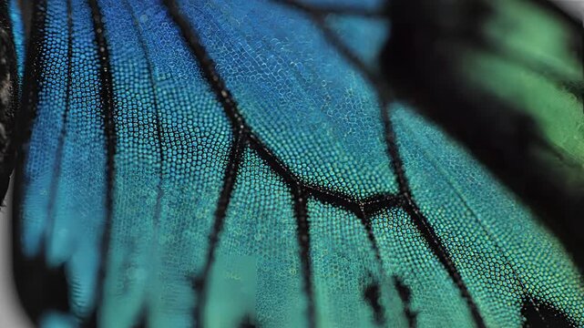 Extreme Macro Closeup of Iridescent Blue and Green Butterfly Wing Scales.