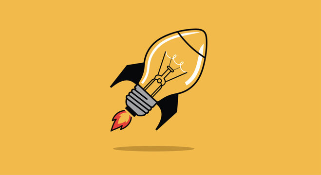 A cartoon lightbulb with a rocket propulsion system blasting off into the air with a bright orange flame and yellow background