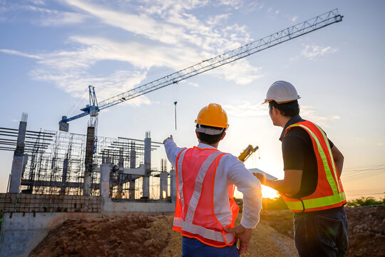 Construction workers inspect building site at sunset