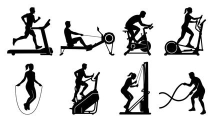 Fototapeta premium Silhouette icons of people exercising with various gym equipment.