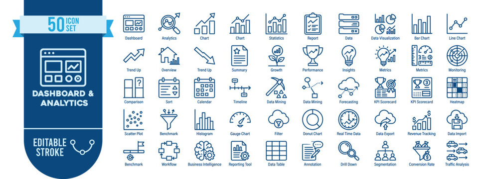 Dashboard Analytics Icon Set Vector Template 50 Data Chart Outline Symbols Blue Editable Stroke for Web App Design
