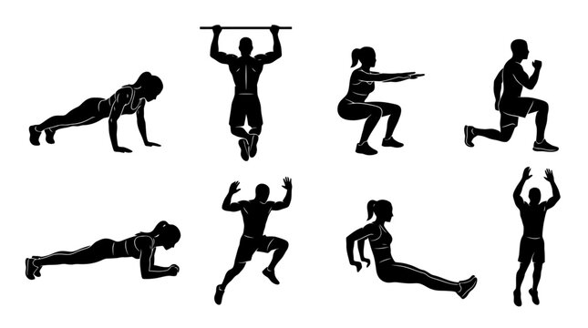 Silhouettes of people exercising and stretching.
