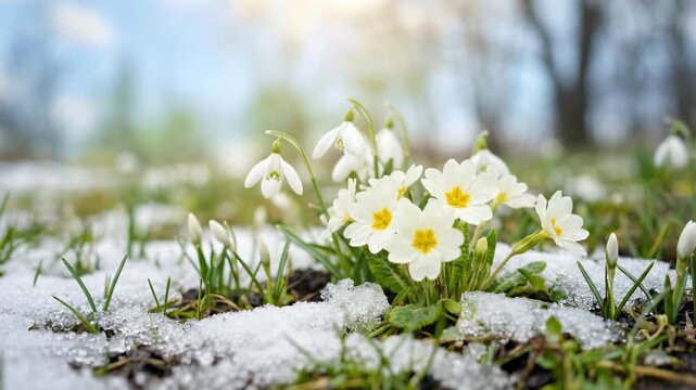 First spring flowers blooming through melting snow. White snowdrops and primroses signal the end of winter. New beginnings and change of seasons concept