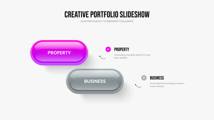 Obraz premium Market Innovation Two Step Diagram Slide Layout. Visual Launch Presentation Design Vector Illustration. Investor Analysis 2 Option Infographic Frame Template.