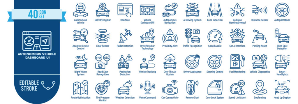 Autonomous Vehicle Icon Set Vector Template 40 Self Driving Car AI Dashboard Outline Symbols Blue Editable Stroke Web App
