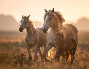 Obraz premium Two brown horses running in field.