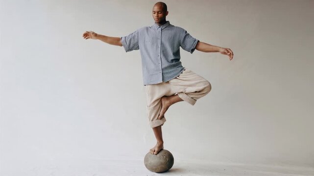 Man balancing on a sphere with arms outstretched in a studio setting. A man demonstrates exceptional balance and control by standing on a spherical object