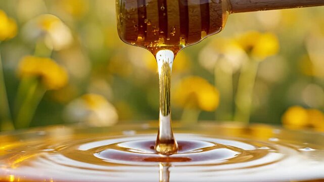 Golden Honey Dripping from Dipper into Pool of Sweetness 1.