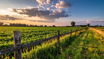 Obraz premium 牧場に広がる牧歌的な緑の畑と空の風景