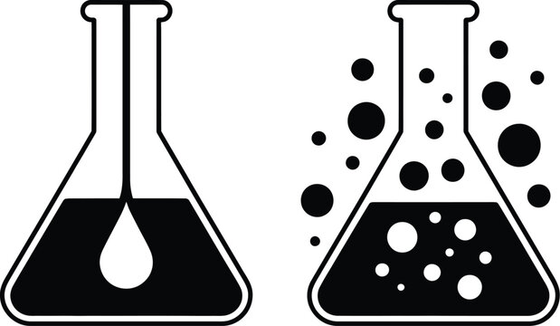 Beaker icons, illustration set, two black laboratory beakers with bubbles and liquid on white background for chemistry science and research design concepts.