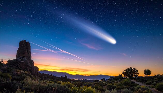 彗星の軌跡が夜空に輝く田舎道の風景