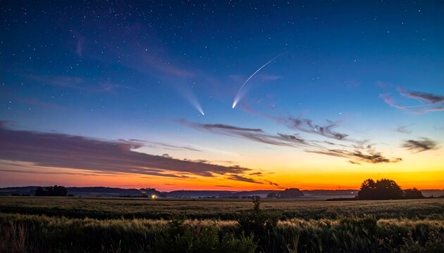 彗星の軌跡が夜空に輝く田舎道の風景