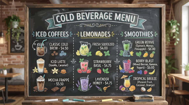 Cold beverage menu on chalkboard in cozy cafe with iced coffees lemonades and smoothies