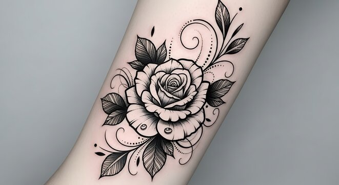 Detailed black and white floral tattoo design adorning a person's skin