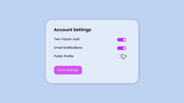 Account settings panel showing security and profile options with mouse click animation isolated on blue background