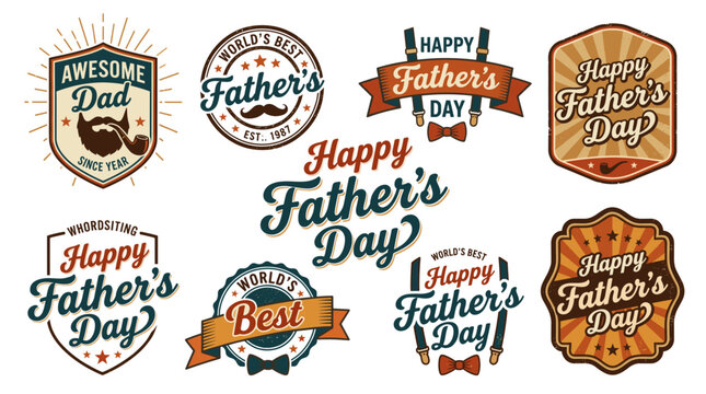 Creative retro Father&rsquo;s Day typography vector bundle with vintage lettering, gentleman accessories, ribbons, and decorative badges. Ideal for apparel, greeting cards, posters, stickers, and print-on-d