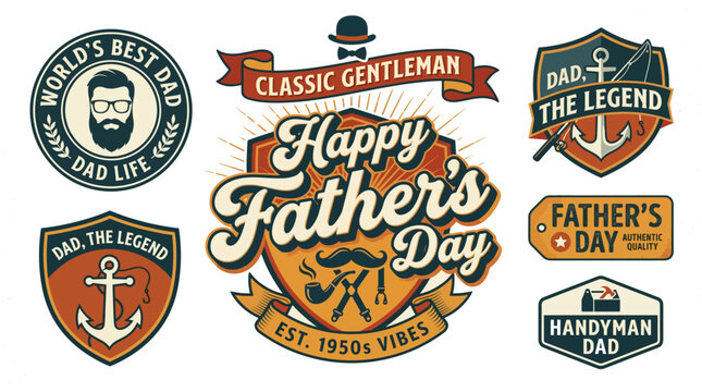 Creative retro Father&rsquo;s Day typography vector bundle with vintage lettering, gentleman accessories, ribbons, and decorative badges. Ideal for apparel, greeting cards, posters, stickers, and print-on-d