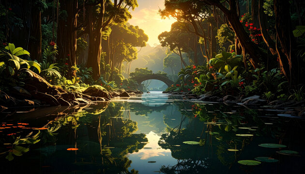 Forest river landscape sunlight