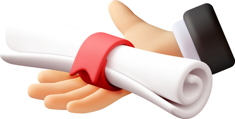 Fototapeta premium 3D Hand holding a rolled diploma with a red ribbon