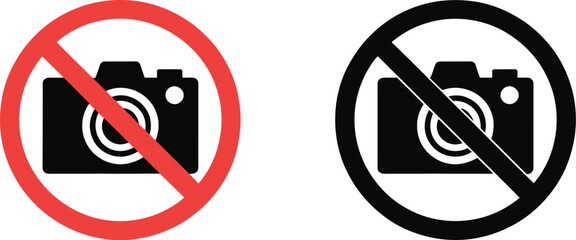 No photography, camera, icons set, two camera symbols with diagonal prohibition lines indicating restricted photo shooting and privacy warning signage. © Eva Elrod