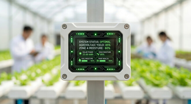 Agrivoltaic monitoring system in smart greenhouse showing solar power yield and crop health data for farming.