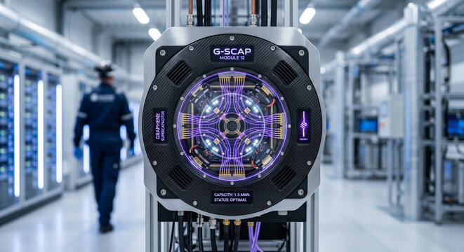 Advanced energy storage module showcasing modular graphene supercapacitor technology inside high tech facility lab.