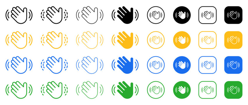 Hand wave gesture symbols with motion lines, notification signs, greeting icons, communication buttons. wave, hand, greeting, gesture, hello, welcome.